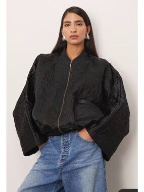 Arrange Floral Quilted Satin Black Oversize Bomber Jacket Sz L NWT MSRP $219